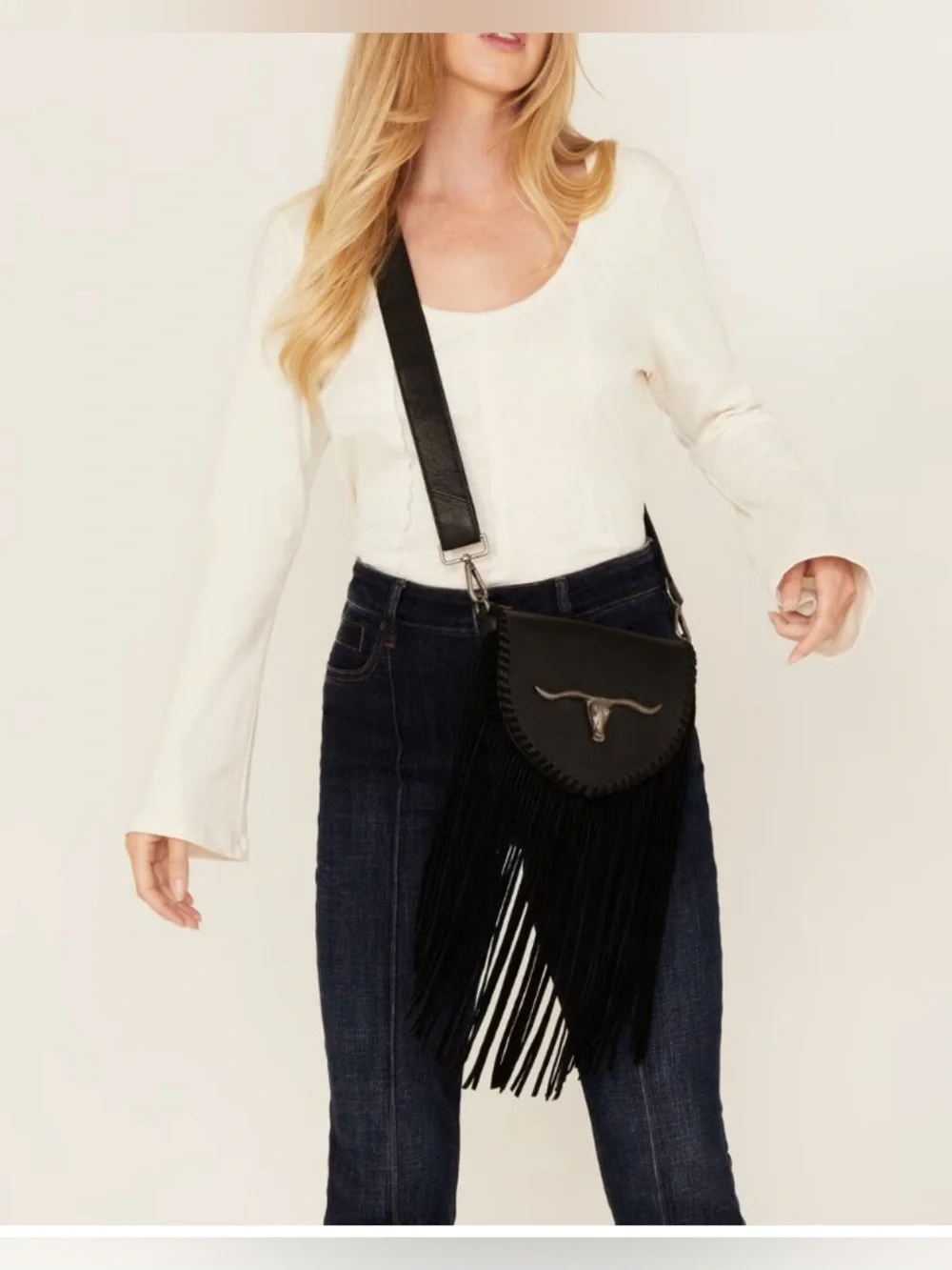 Idyllwind Black Leather Crossbody Bag with Fringe
